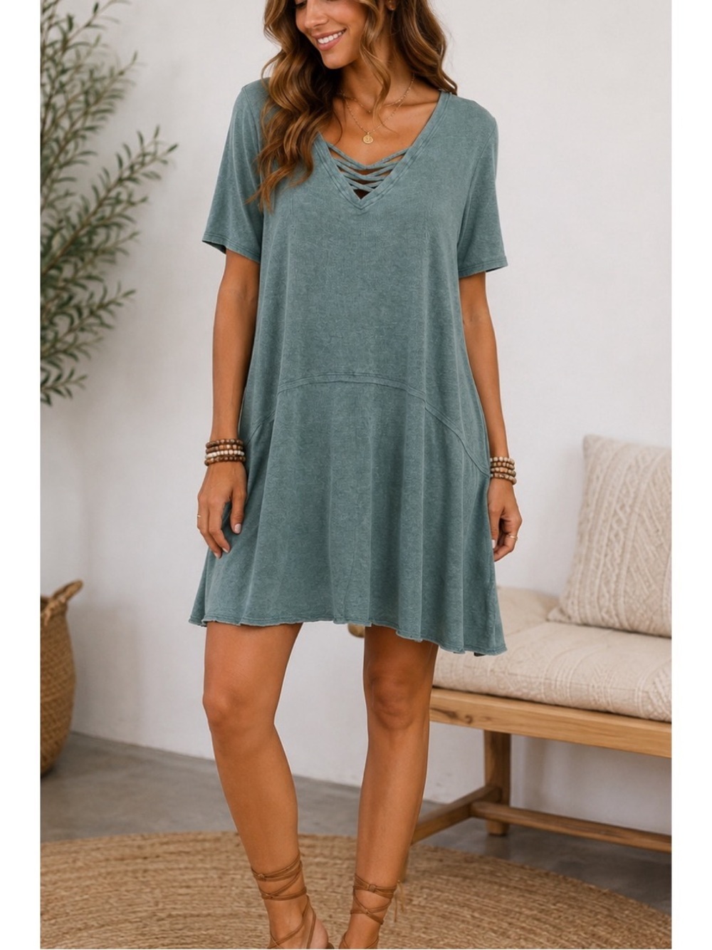 Easel Green V-neck, short-sleeve ribbed dress, crisscross cutout neckline